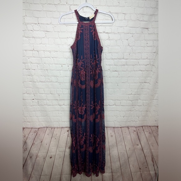 ALTAR’D STATE maxi DRESS Long Navy embroidered sheer halter sz S, GUC beach boho - Picture 1 of 8